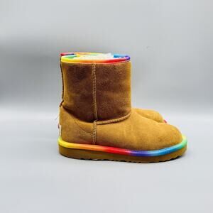 UGG Boots Girls 2 Brown Suede Classic Short Shearling Rainbow Pride Lined